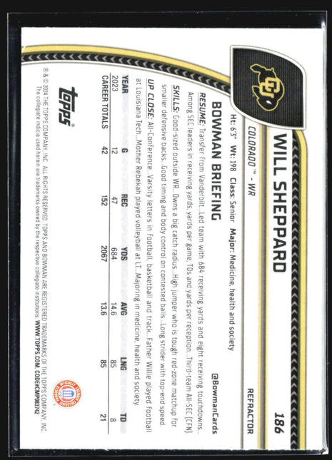 2024 Bowman University Chrome - #186 Will Sheppard (RC) Refractor