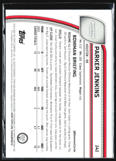 2024 Bowman University Chrome - #141 Parker Jenkins (RC) Purple Shimmer