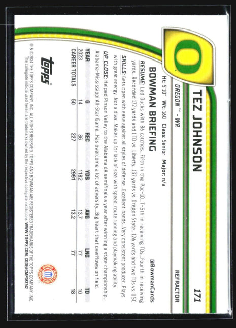 2024 Bowman University Chrome - #171 Tez Johnson (RC) Refractor