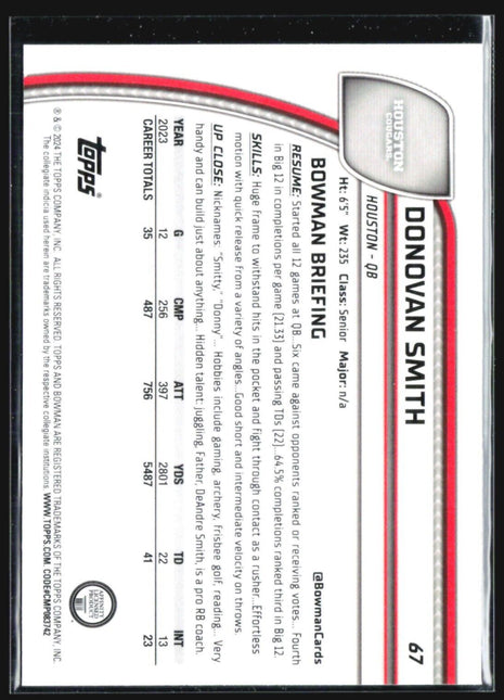 2024 Bowman University Chrome - #67 Donovan Smith (RC) Sapphire