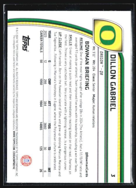 2024 Bowman University Chrome - #3 Dillon Gabriel (RC)