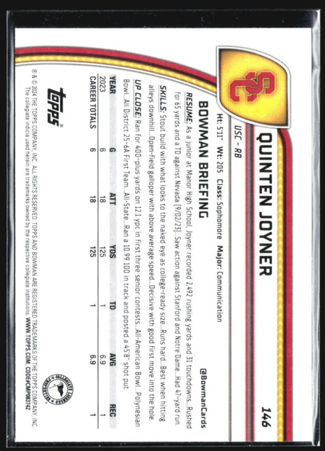 2024 Bowman University Chrome - #146 Quinten Joyner (RC) Sapphire