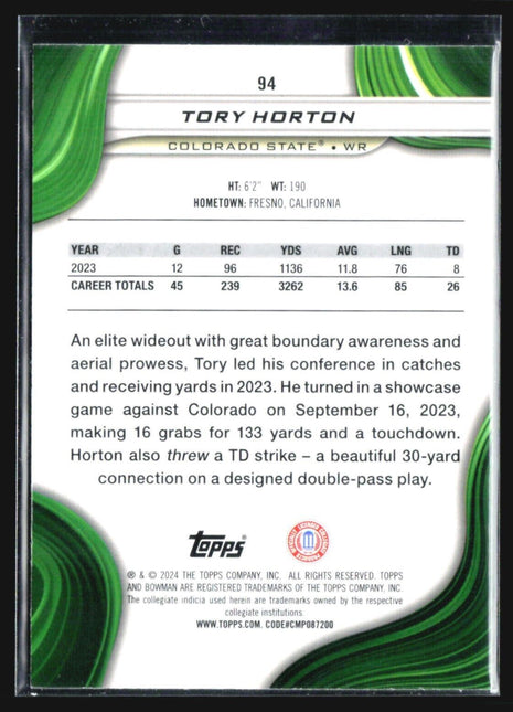 2024 Bowman University Best Tory Horton Blue Refractor /149 #94