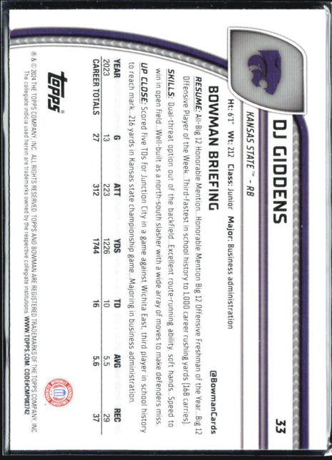 2024 Bowman University Chrome - #33 DJ Giddens (RC) Stealth