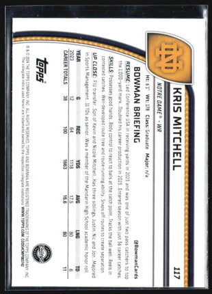 2024 Bowman University Chrome - #117 Kris Mitchell (RC) Blue /199