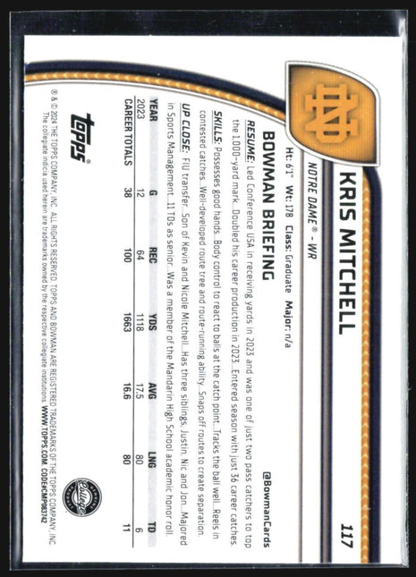 2024 Bowman University Chrome - #117 Kris Mitchell (RC) Blue /199
