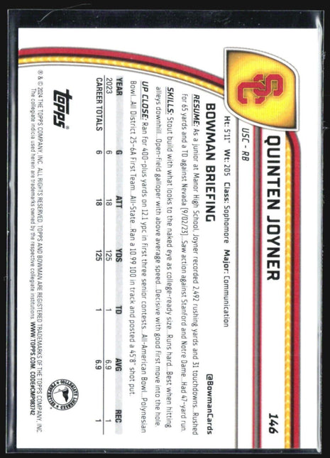 2024 Bowman University Chrome - #146 Quinten Joyner (RC) Green Lava /99