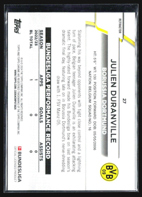 2023-24 Topps Chrome Julien Duranville Pink Refractor Rc /399 #27