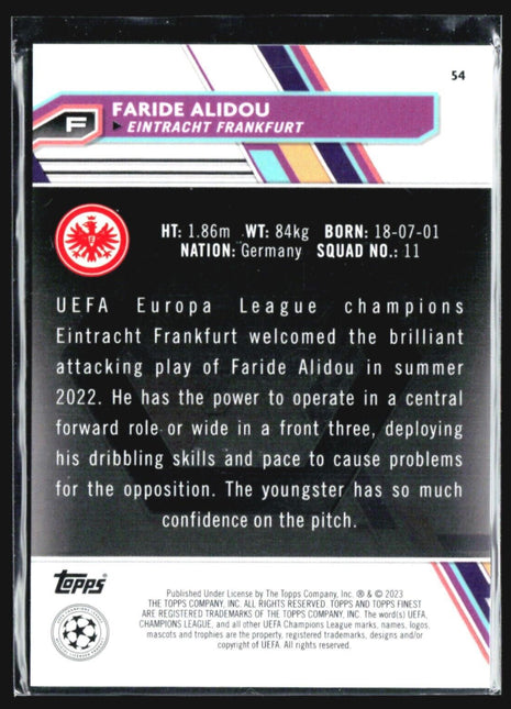 2022-23 Topps Finest Faride Alidou Rc Blue Refractor /150 #54