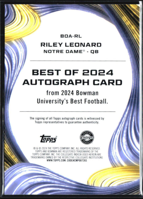 2024 Bowman University Best Riley Leonard Yellow Refractor Auto /75 #BOA-RL