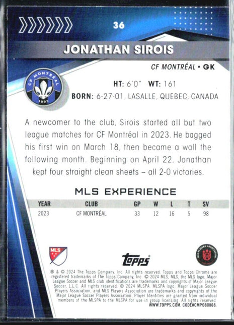 2024 Topps MLS Chrome Sapphire Jonathan Sirois Gold Rc /50 #36