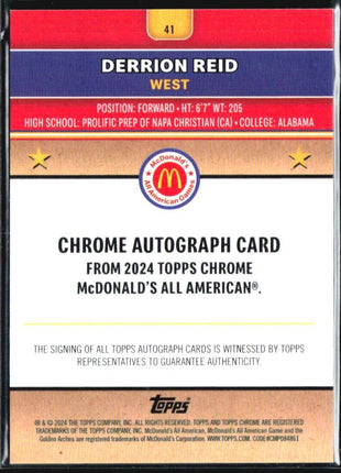 2024 Topps Chrome All American Derrion Reid Mcdonalds Refractor auto /75 #41