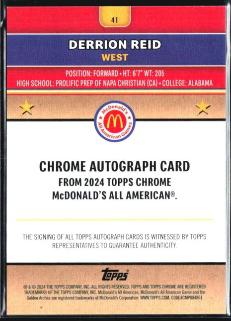 2024 Topps Chrome All American Derrion Reid Mcdonalds Refractor auto /75 #41