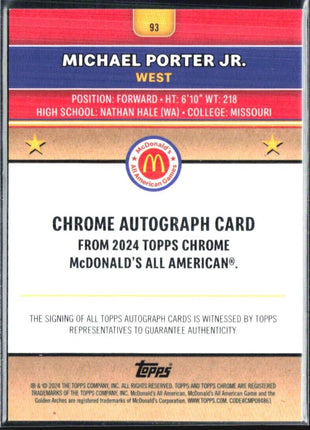 2024 Topps Chrome All American Michael Porter Jr Gold Refractor Auto /50 #93