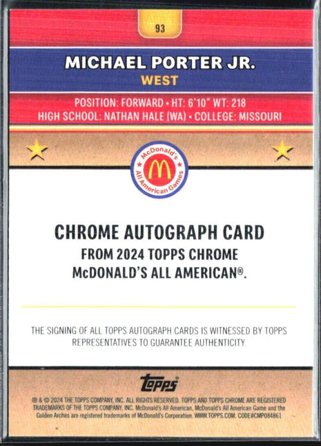2024 Topps Chrome All American Michael Porter Jr Gold Refractor Auto /50 #93