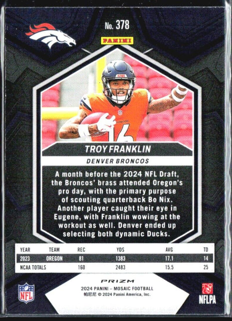 2024 Panini Mosaic - Rookies Mosaic Prizm #378 Troy Franklin (RC) Blue Reactive