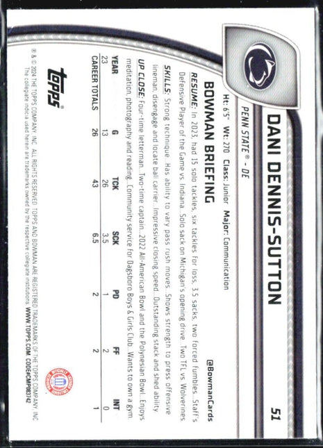 2024 Bowman Chrome U Dani Dennis Sutton Xfractor #51