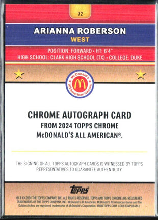 2024 Topps Chrome All American Arianna Roberson Gold Refractor Auto /50 #72