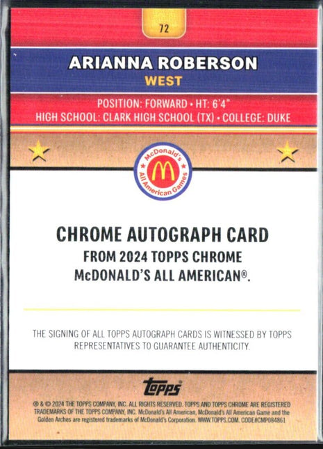 2024 Topps Chrome All American Arianna Roberson Gold Refractor Auto /50 #72