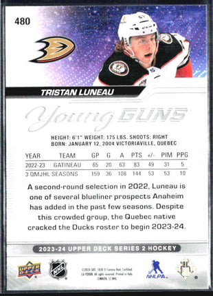 2023-24 UPPER DECK YOUNG GUNS #480 TRISTAN LUNEAU