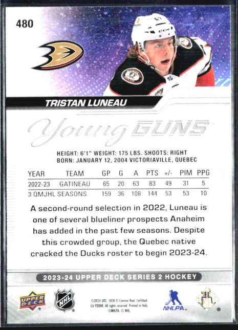 2023-24 UPPER DECK YOUNG GUNS #480 TRISTAN LUNEAU