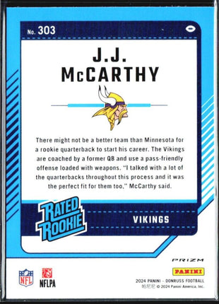 2024 Panini Donruss Rated Rookie J.J. McCarthy #303 Optic Preview Blue Scope Rc