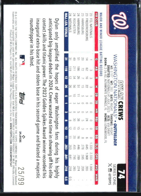 2025 Topps Series 1 Dylan Crews Green Rc /99 #74