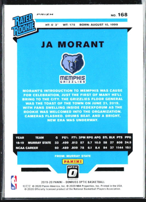 2019-20 Panini Donruss Optic Rated Rookie Ja Morant #168 Pink Hyper Prizm