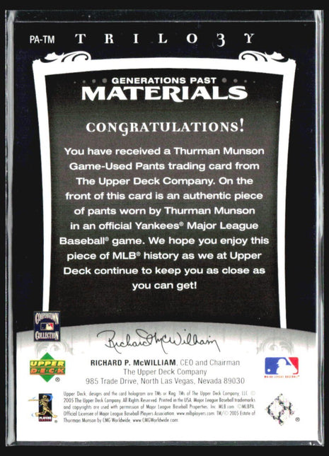 2005 Upper Deck Trilogy - Generations Past Thurman Munson #PA-TM Materials /99