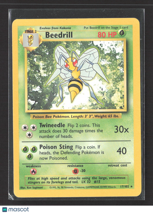 1999 Pokémon Beedrill Base Set Unlimited #17/102