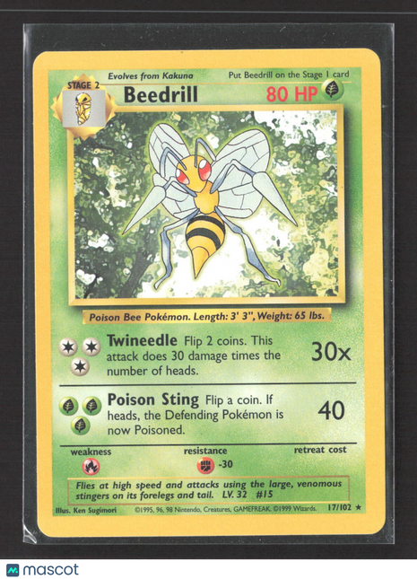 1999 Pokémon Beedrill Base Set Unlimited #17/102