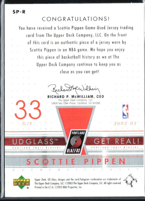 2002-03 UD Glass Get Real Scottie Pippen Jersey Relic #SP-R