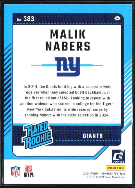 2024 Panini Donruss - Rated Rookie Malik Nabers #383 (RC)