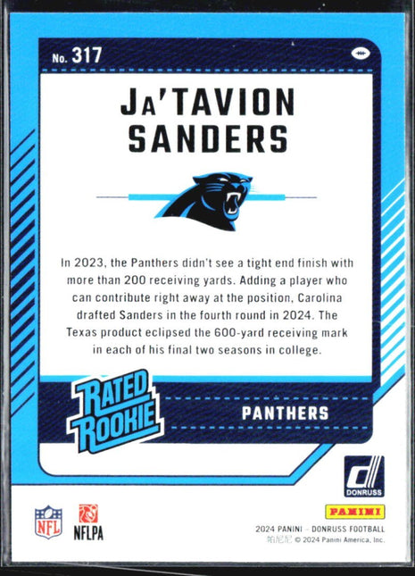 2024 Panini Donruss - Rated Rookie Ja'Tavion Sanders #317 (RC) No Name