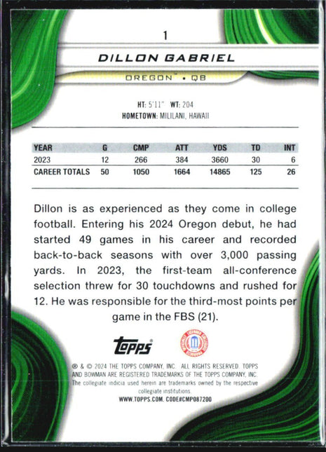 2024 Bowman University Best Dillon Gabriel Yellow Refractor /75 #1