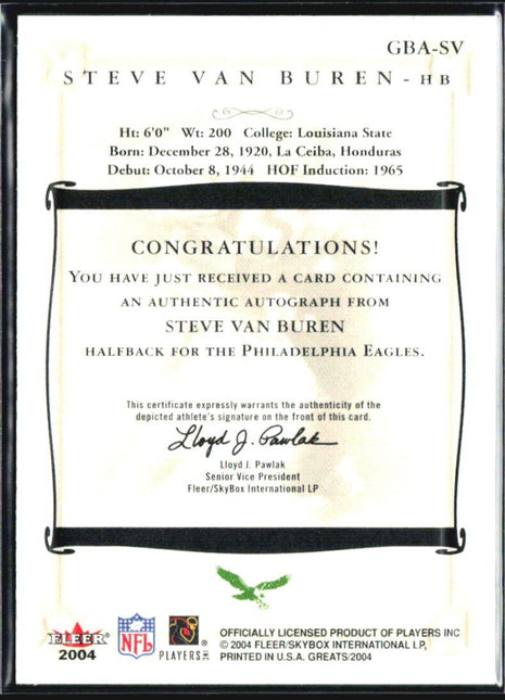 2004 Fleer Greats of the Game Steve Van Buren Auto #GBA-SV