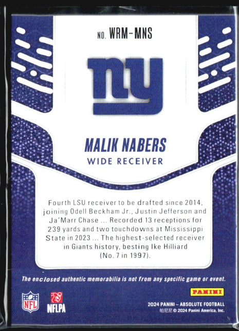 2024 Panini Absolute - Rookies Malik Nabers #WRM-MNS (RC) Waroom Patch /99