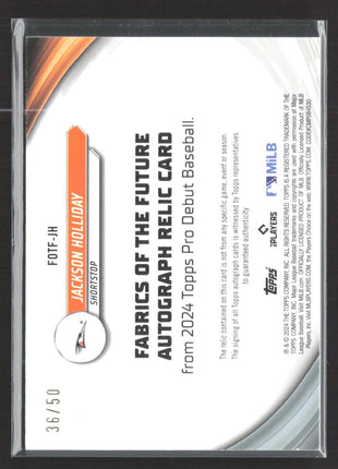 2024 Topps Pro Debut Fabrics of the Future Auto Patch Jackson Holliday Gold /50