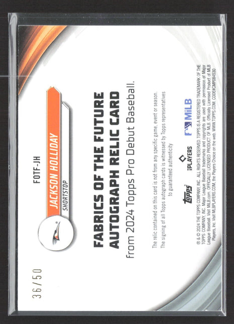 2024 Topps Pro Debut Fabrics of the Future Auto Patch Jackson Holliday Gold /50