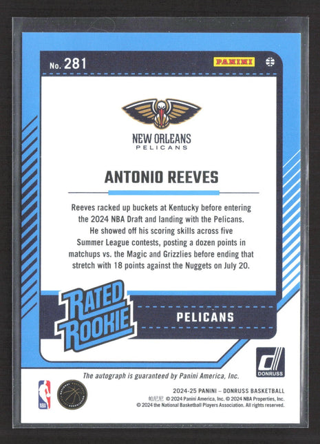 2024-25 Panini Donruss Rated Rookie Antonio Reeves #232 (RC) Gold Lazer Auto /10