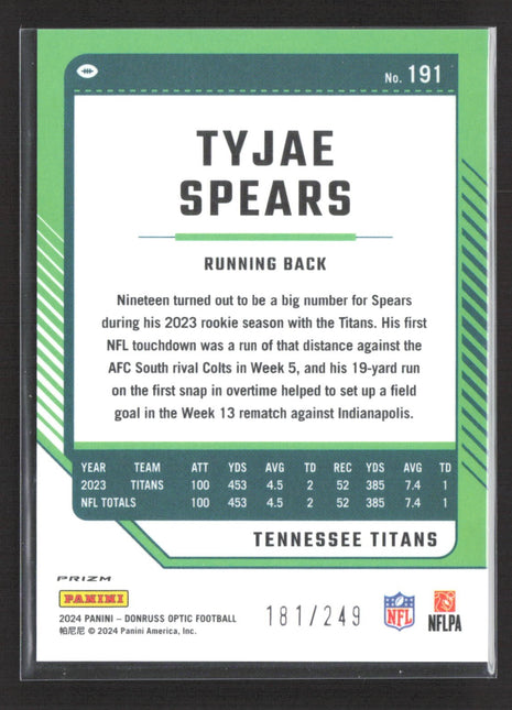 2024 Panini Donruss Optic - Tyjae Spears Orange /249 #191