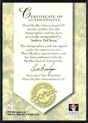 1999 Skybox Autographics Andrew Declercq Auto