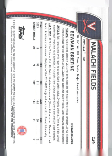 2024 Bowman University Chrome Malachi Fields 1st Black & White Stealth /48 #124
