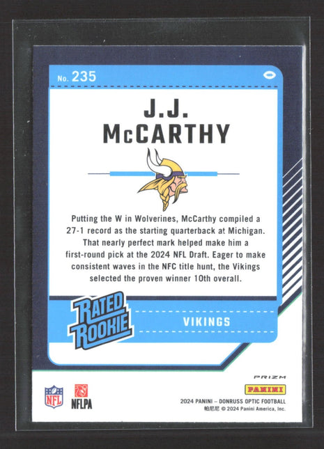 2024 Panini Donruss - Rated Rookie J.J. McCarthy #235 Optic Pink Prizm (RC)