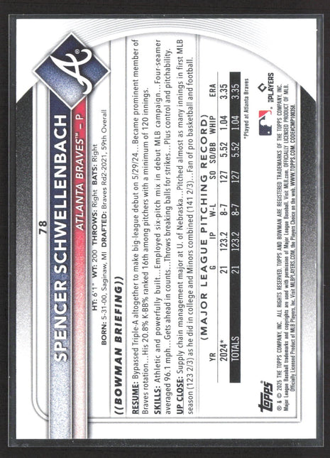 2025 Bowman Spencer Schwellenbach #78 RC Orange /25