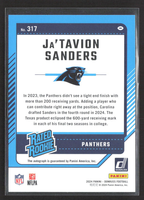 2024 Panini Donruss - Rated Rookie Ja'Tavion Sanders #317 (RC) Green Auto
