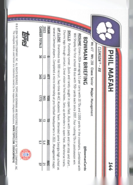 2024 Bowman University Chrome Phil Mafah Aqua Speckle /275 #144