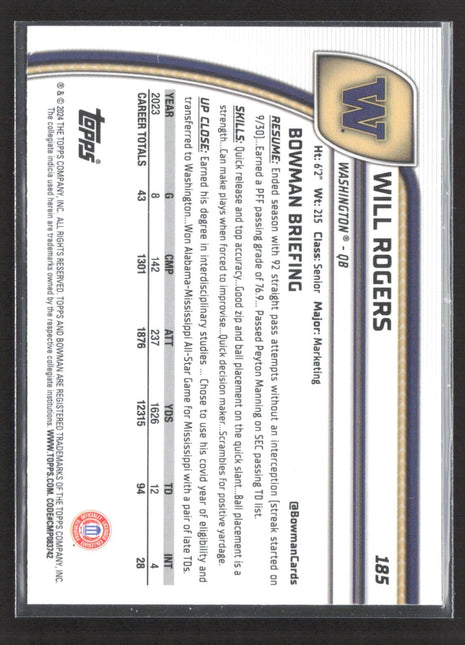 2024 Bowman University Chrome Will Rogers Blue Refractor /199 #185