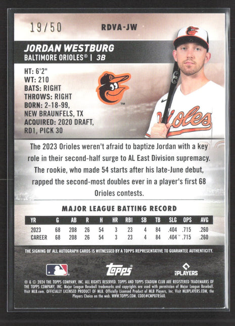 2024 Topps Stadium Club - Autographs Jordan Westburg #SCBA-JW Rc Auto