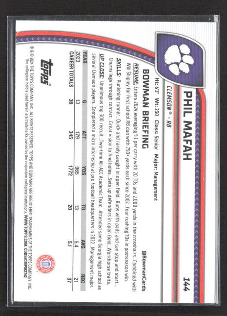2024 Bowman University Chrome Phil Mafah Purple Shimmer #144